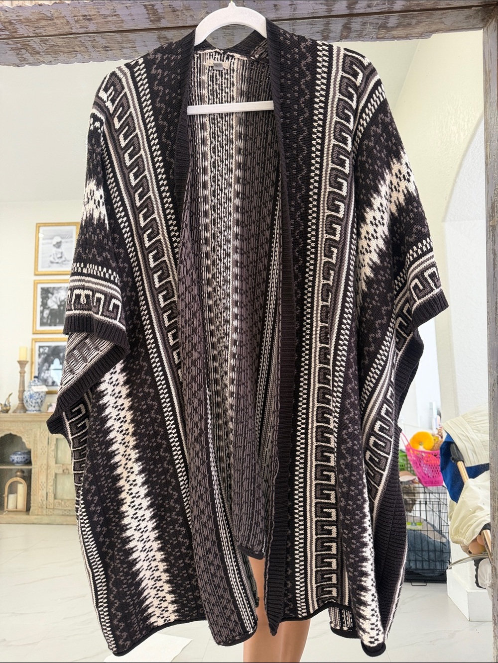 Ecote Two-Tone Chocolate Brown and Cream Knit Poncho Style Cardigan
